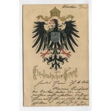 ALEMANIA 1905 ANTIGUA TARJETA POSTAL PATRIOTICA CON ESCUDO EN RELIEVE CIRCULADA